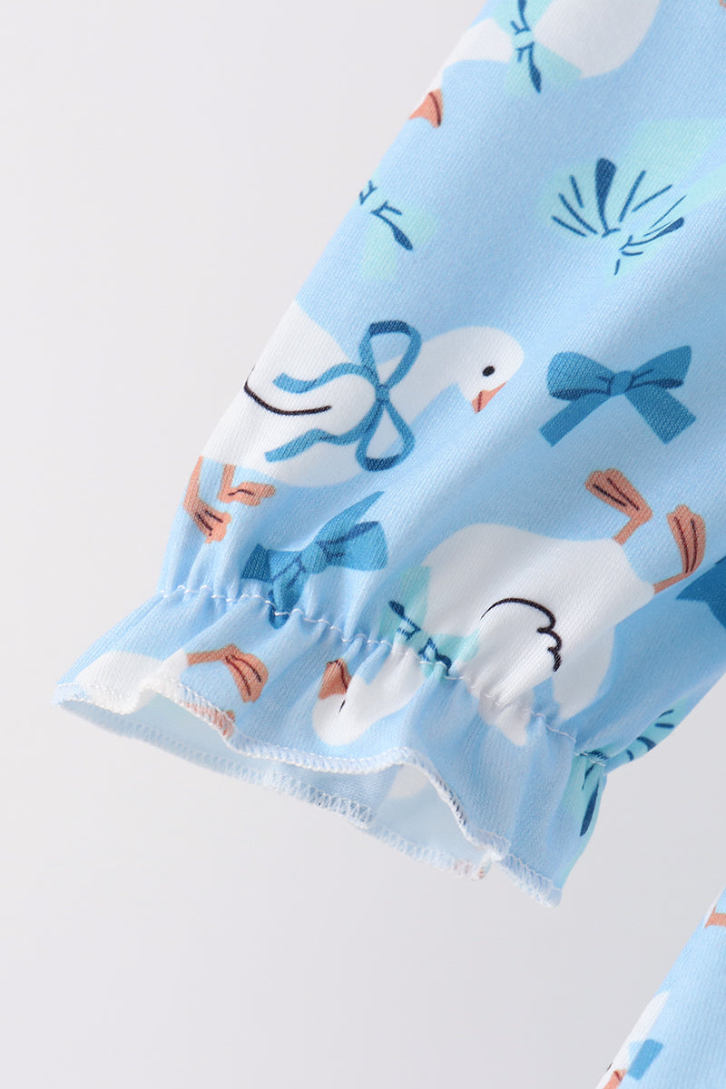 Blue Goose Bow Embroidery Ruffle Set