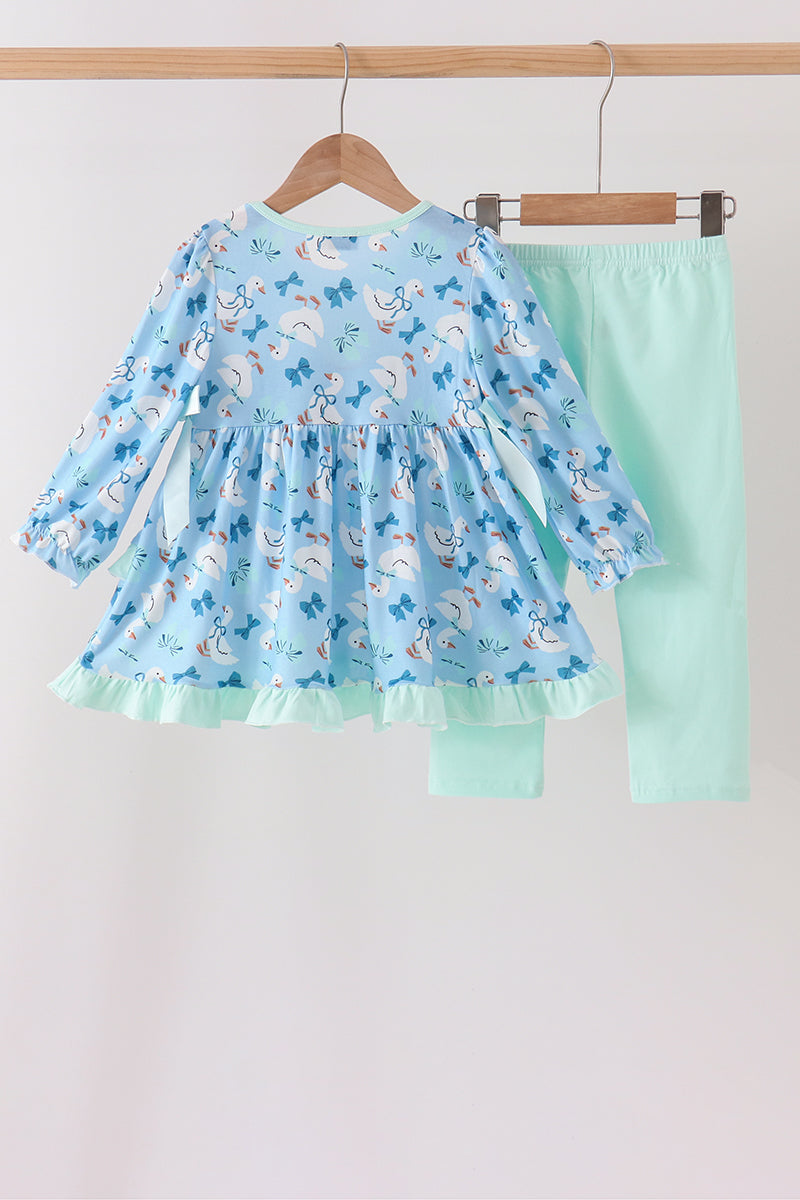 Blue Goose Bow Embroidery Ruffle Set