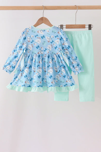 Blue Goose Bow Embroidery Ruffle Set