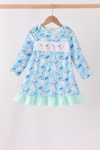 Blue Goose Bow Embroidery Ruffle Dress