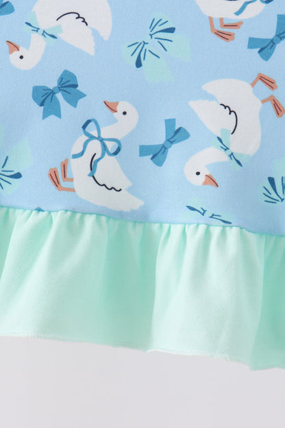 Blue Goose Bow Embroidery Ruffle Dress