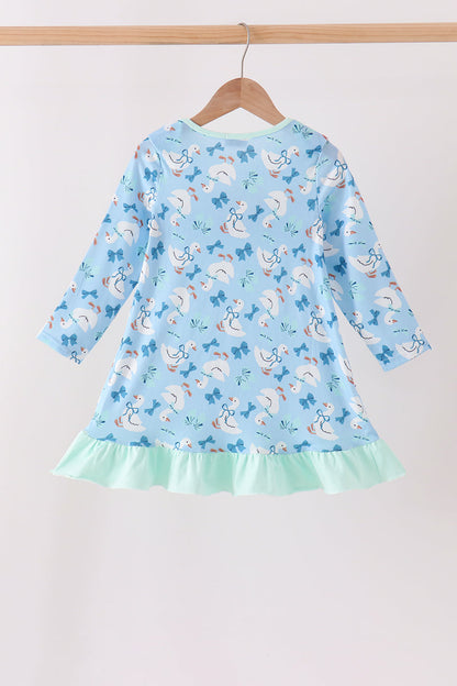 Blue Goose Bow Embroidery Ruffle Dress