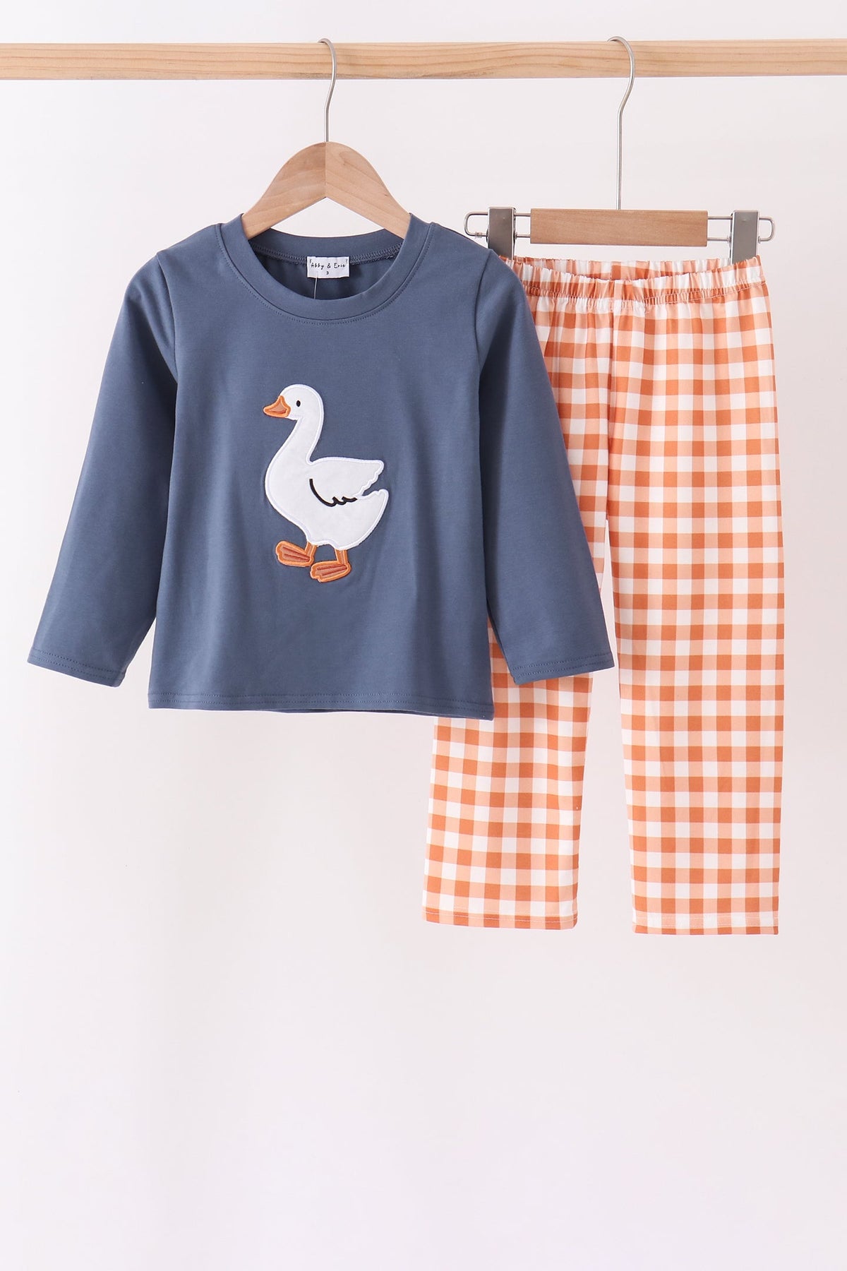 Navy Goose Appliqué Gingham Pants Set