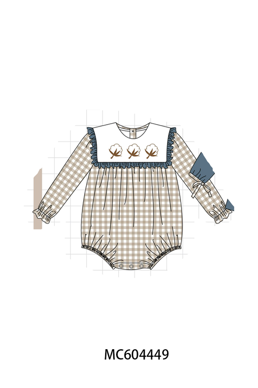 Teal Cotton Embroidery Gingham Ruffle Bubble
