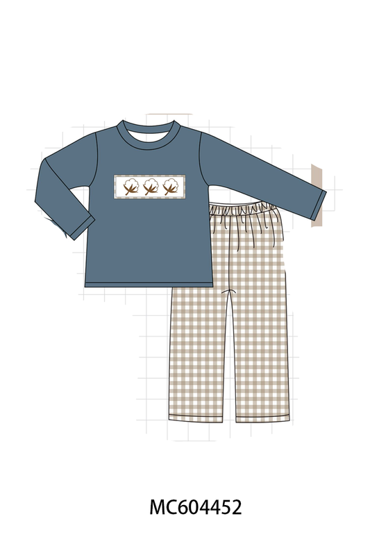 Teal Cotton Embroidery Gingham Pants Set