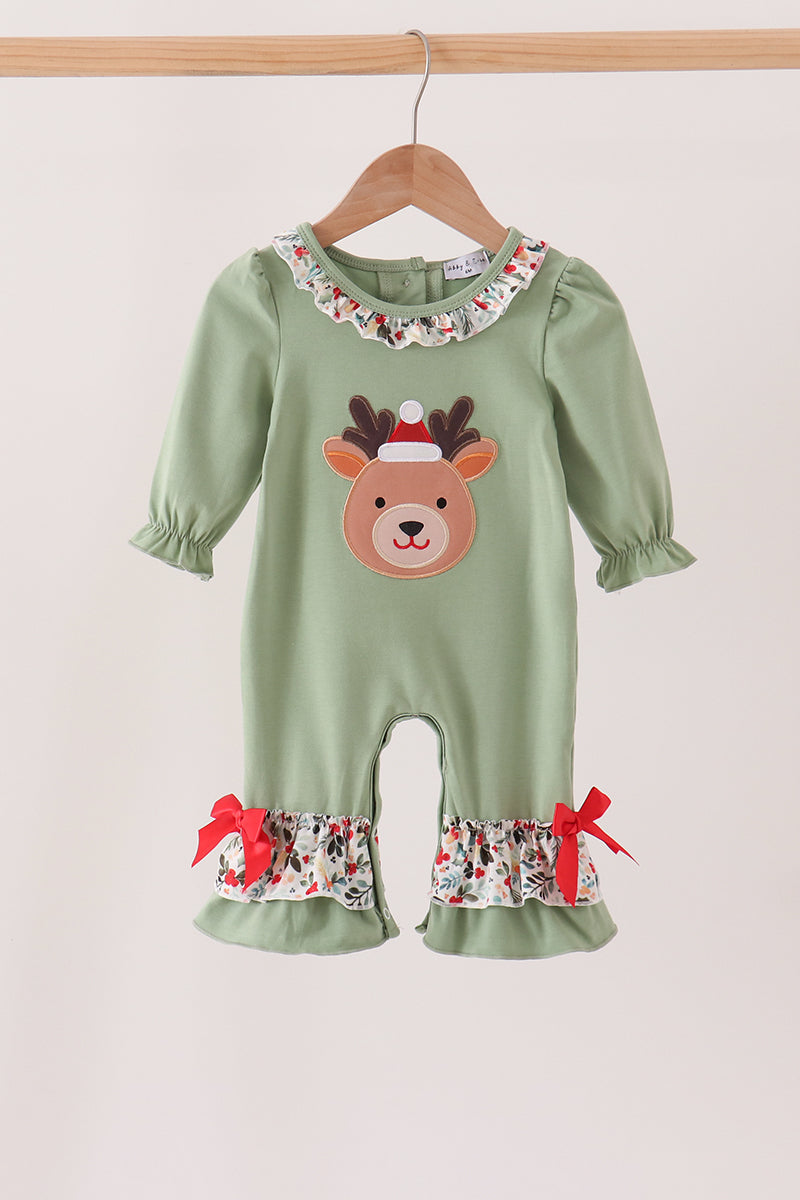 Sage Reindeer Applique Ruffle Romper