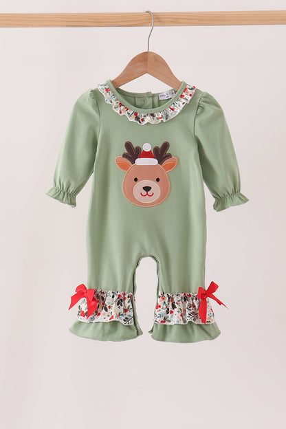 Sage Reindeer Applique Ruffle Romper