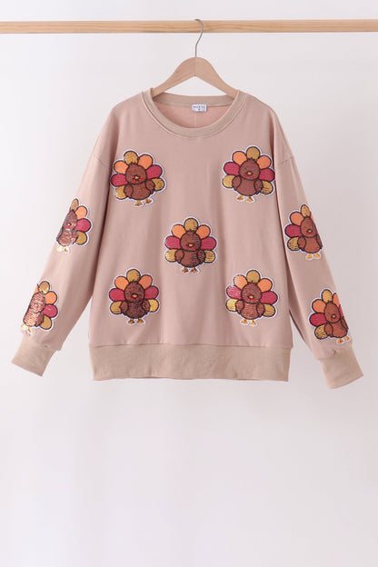 Khaki Turkey Sequin Mom Top