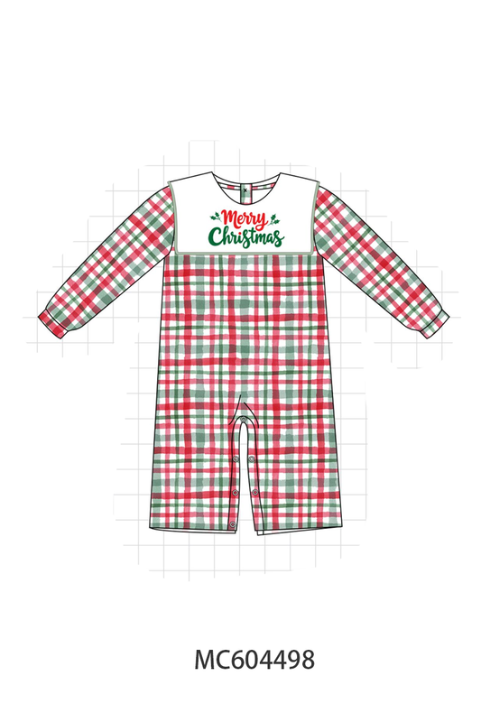 Green Merry Christmas Embroidery Plaid Romper