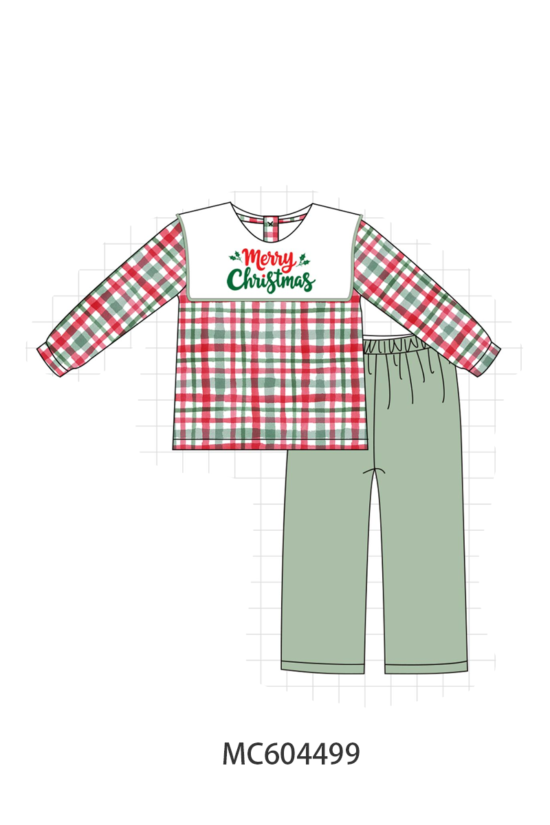 Green Merry Christmas Embroidery Plaid Pants Set