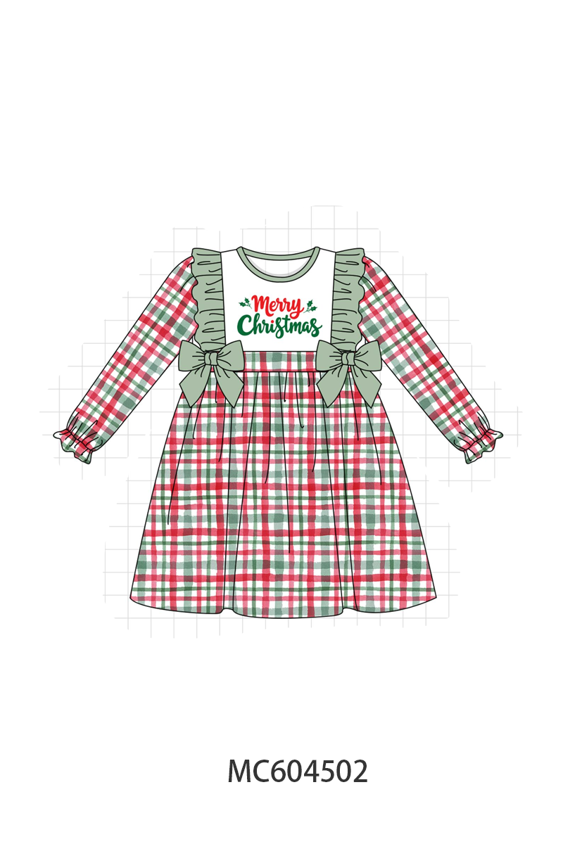 Green Merry Christmas Embroidery Plaid Ruffle Dress