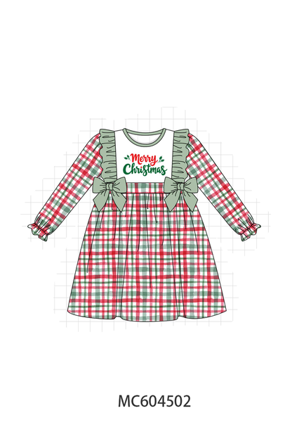 Green Merry Christmas Embroidery Plaid Ruffle Dress