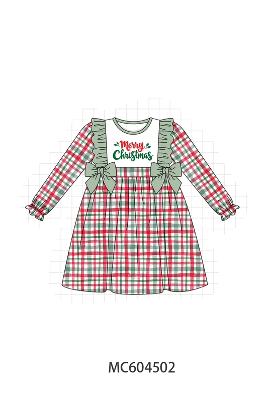 Green Merry Christmas Embroidery Plaid Ruffle Dress