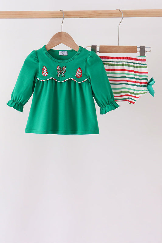 Green Christmas Tree Bow Appliqué Stripe Bloomer Set