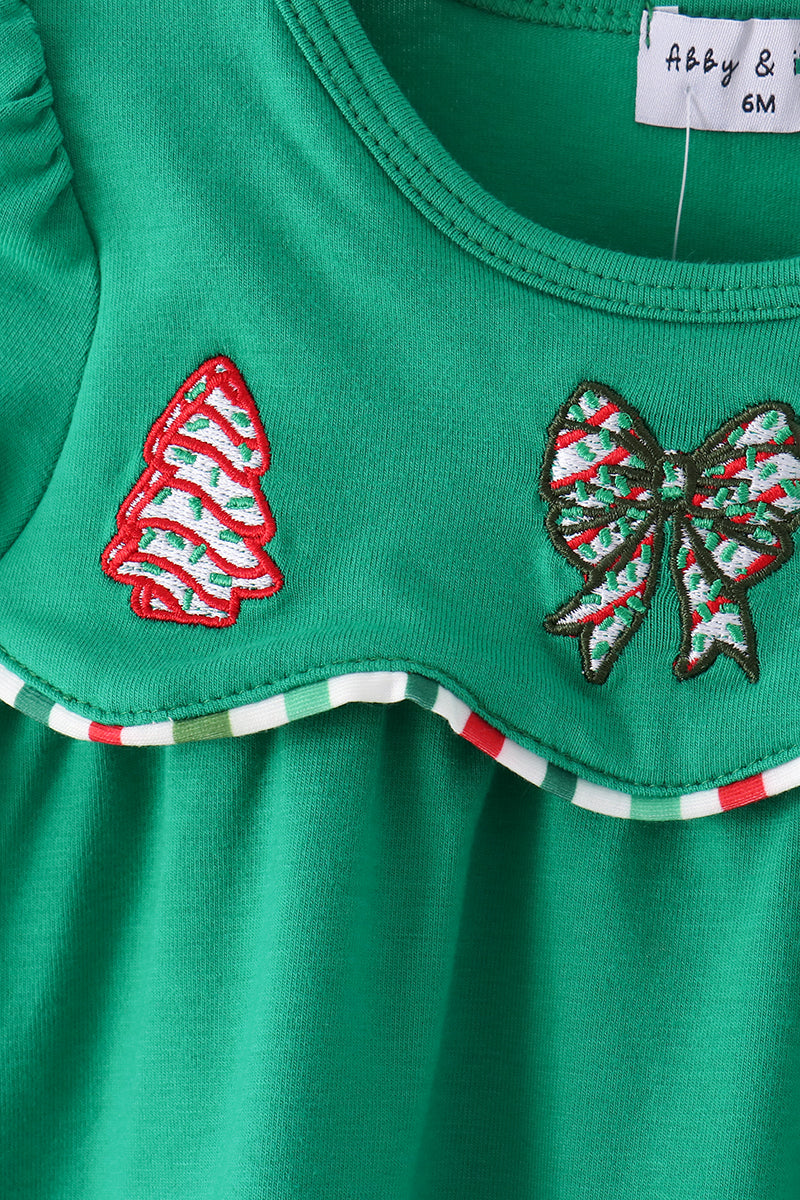Green Christmas Tree Bow Appliqué Stripe Bloomer Set