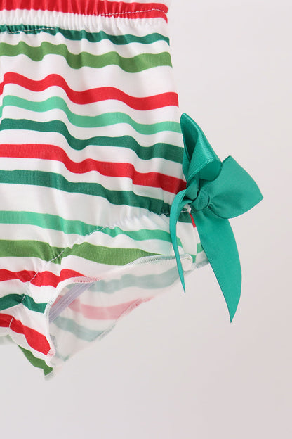 Green Christmas Tree Bow Appliqué Stripe Bloomer Set