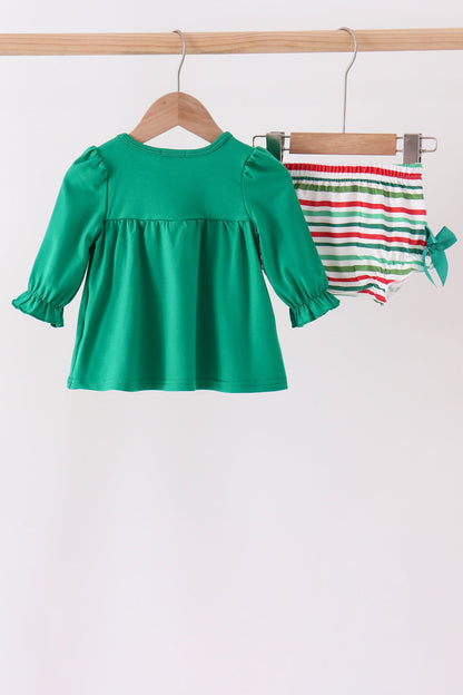 Green Christmas Tree Bow Appliqué Stripe Bloomer Set