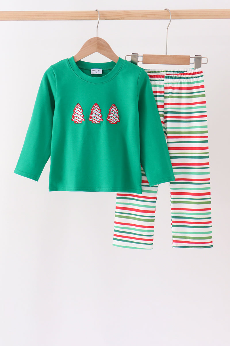 Green Christmas Tree Appliqué Stripe Pants Set