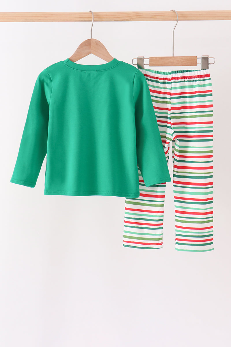 Green Christmas Tree Appliqué Stripe Pants Set