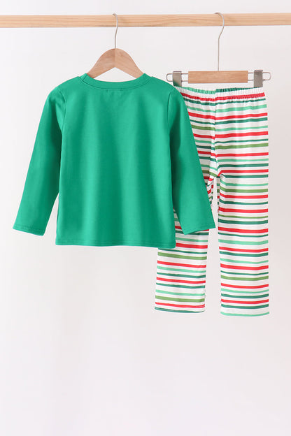 Green Christmas Tree Appliqué Stripe Pants Set