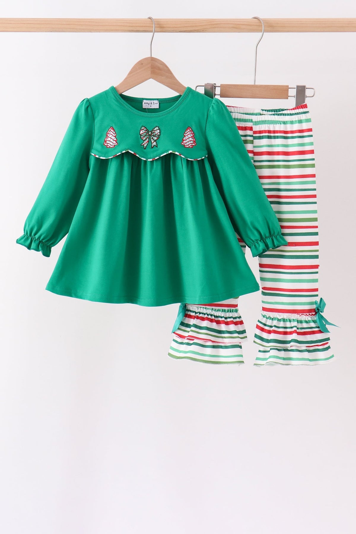 Green Christmas Tree Appliqué Stripe Ruffle Pants Set