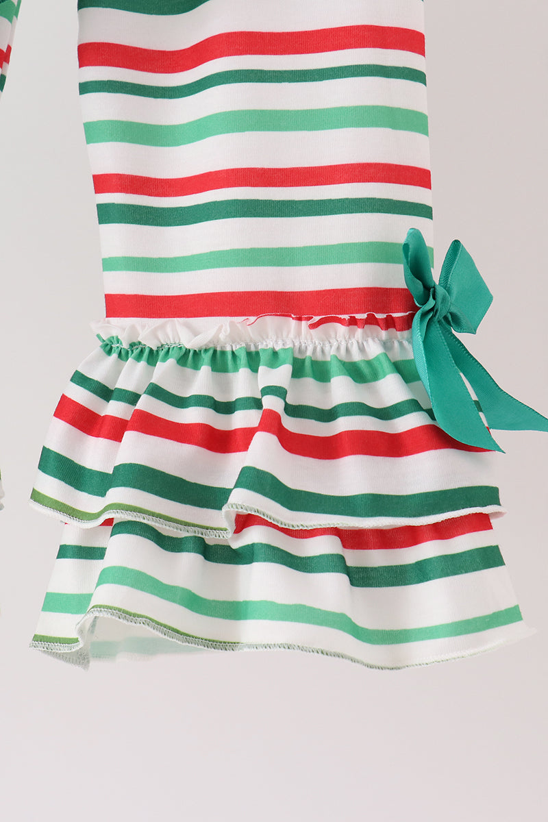Green Christmas Tree Appliqué Stripe Ruffle Pants Set