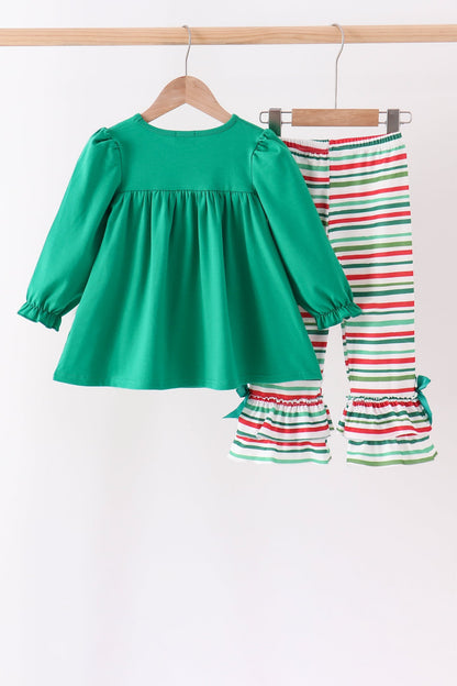 Green Christmas Tree Appliqué Stripe Ruffle Pants Set