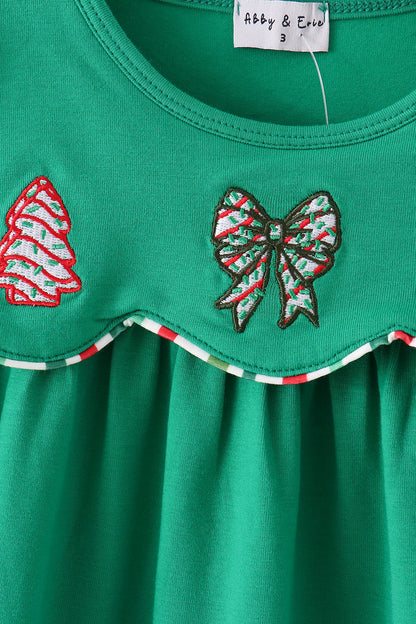 Green Christmas Tree Bow Appliqué Dress