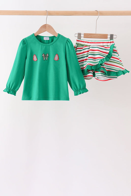 Green Christmas Tree Bow Appliqué Skorts Set