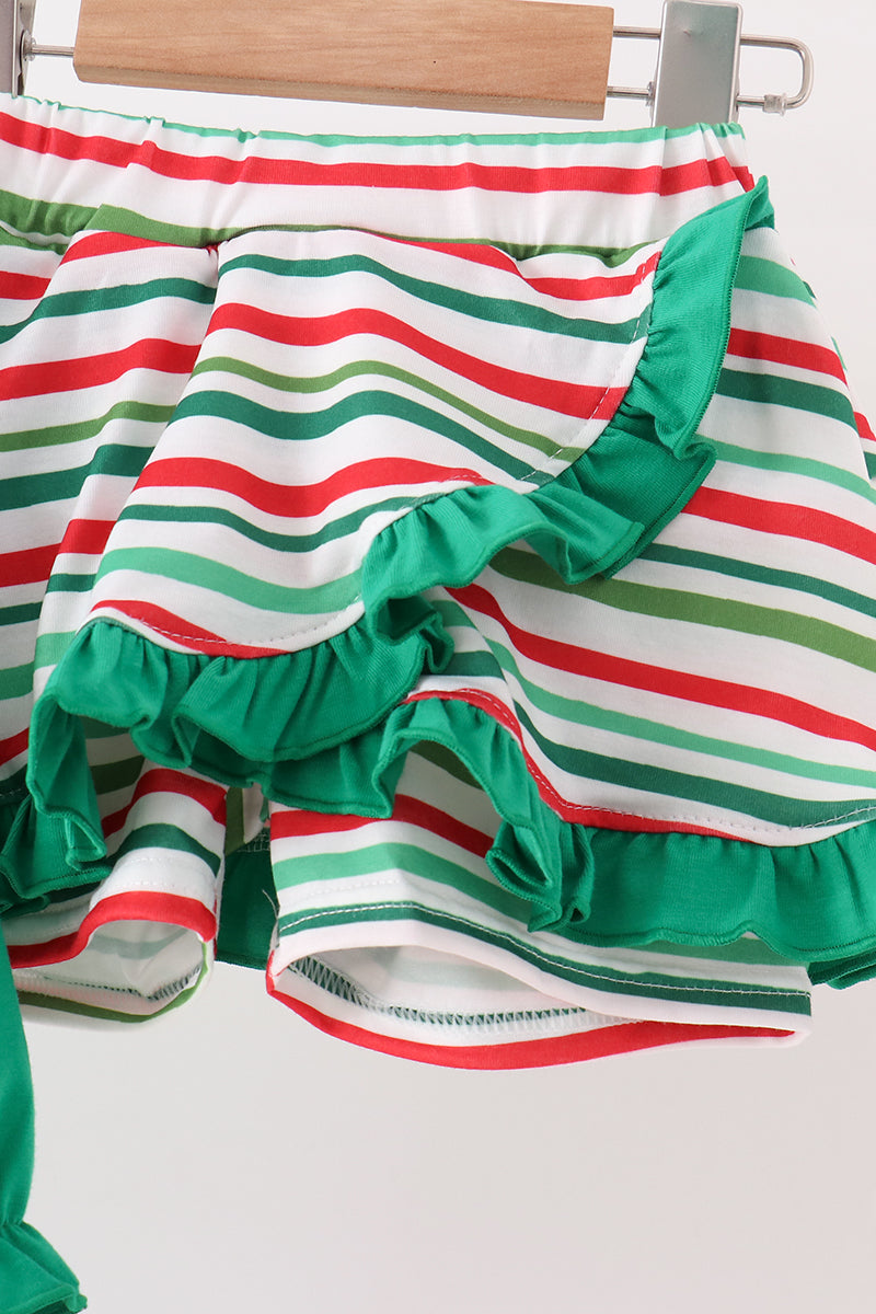 Green Christmas Tree Bow Appliqué Skorts Set