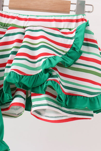 Green Christmas Tree Bow Appliqué Skorts Set