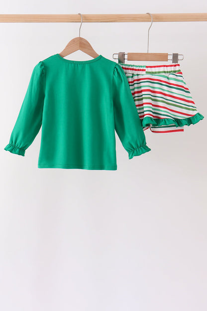 Green Christmas Tree Bow Appliqué Skorts Set
