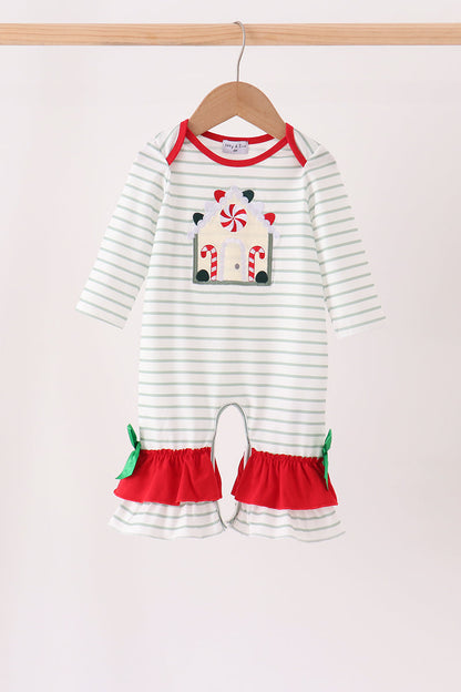 Red Gingerbread House Appliqué Stripe Ruffle Romper