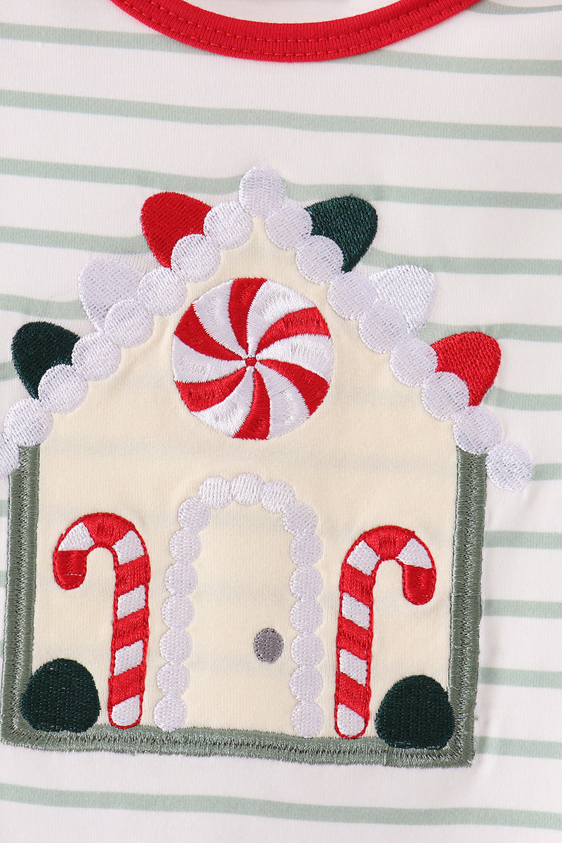 Red Gingerbread House Appliqué Stripe Ruffle Romper