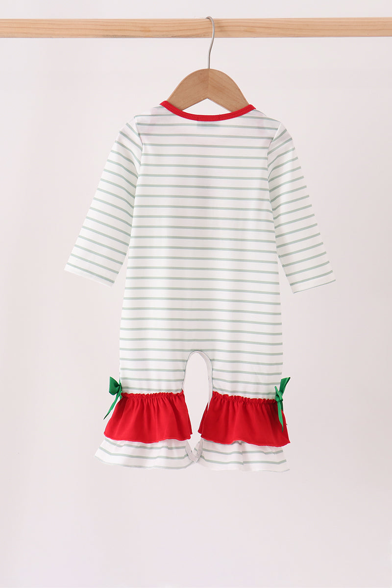 Red Gingerbread House Appliqué Stripe Ruffle Romper