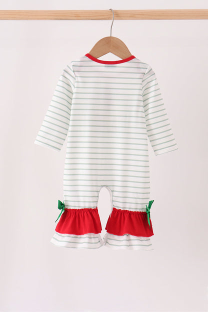 Red Gingerbread House Appliqué Stripe Ruffle Romper