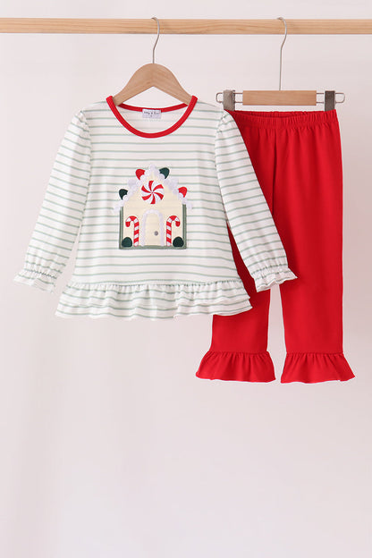 Red Gingerbread House Appliqué Stripe Ruffle Pants Set