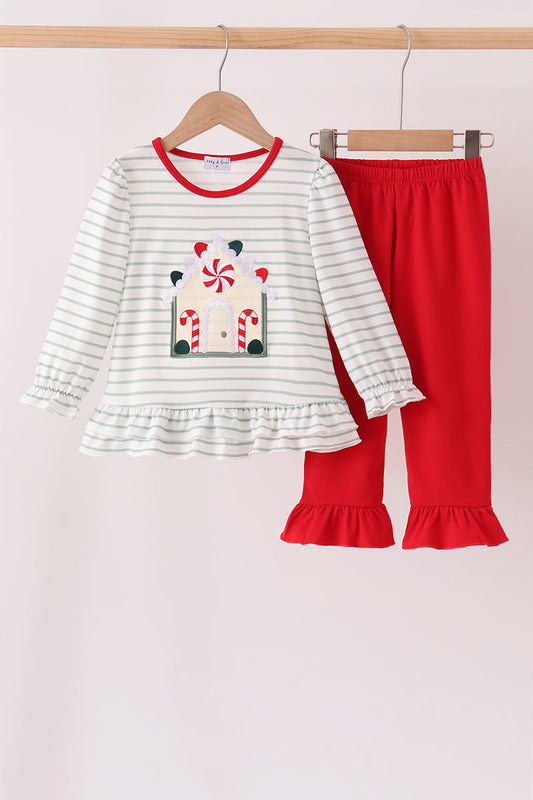 Red Gingerbread House Appliqué Stripe Ruffle Pants Set