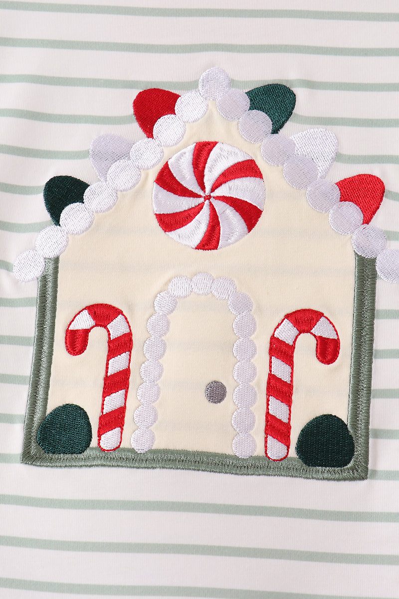 Red Gingerbread House Appliqué Stripe Ruffle Pants Set