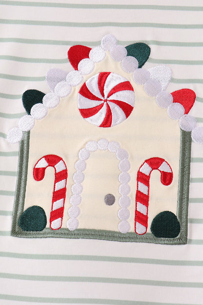 Red Gingerbread House Appliqué Stripe Ruffle Pants Set