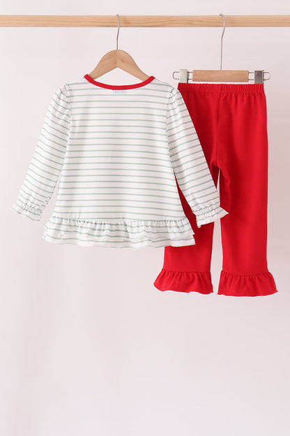 Red Gingerbread House Appliqué Stripe Ruffle Pants Set