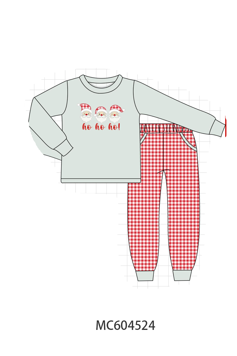 Sage Santa Appliqué Gingham Pants Set