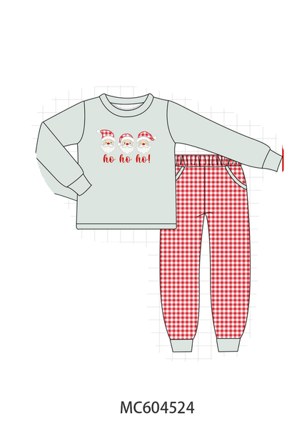 Sage Santa Appliqué Gingham Pants Set