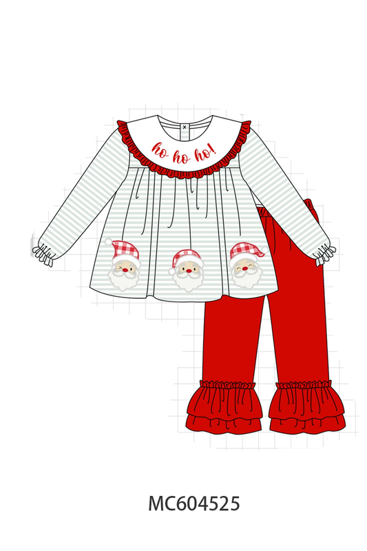 Sage Santa Appliqué Gingham Ruffle Pants Set