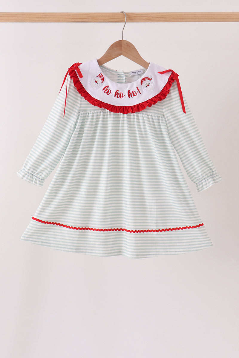Sage Goose Embroidery Gingham Ruffle Stripe Dress