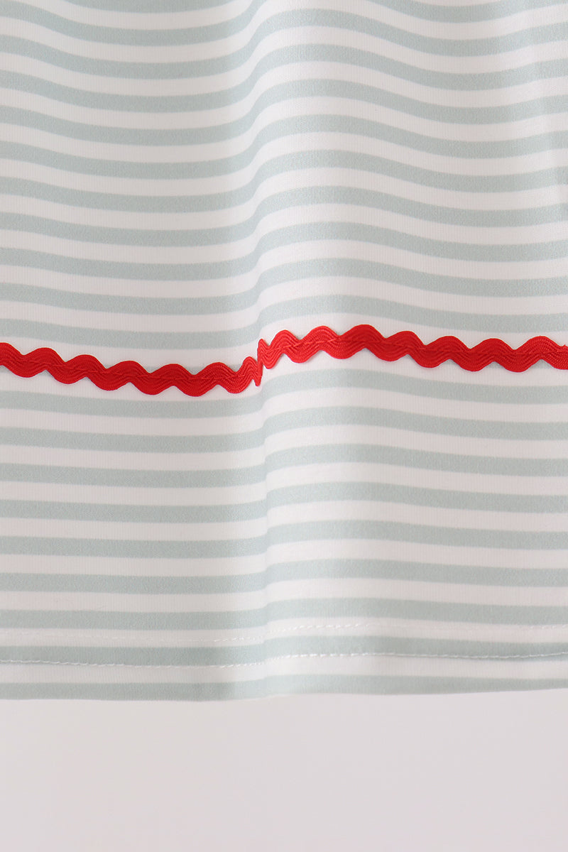 Sage Goose Embroidery Gingham Ruffle Stripe Dress