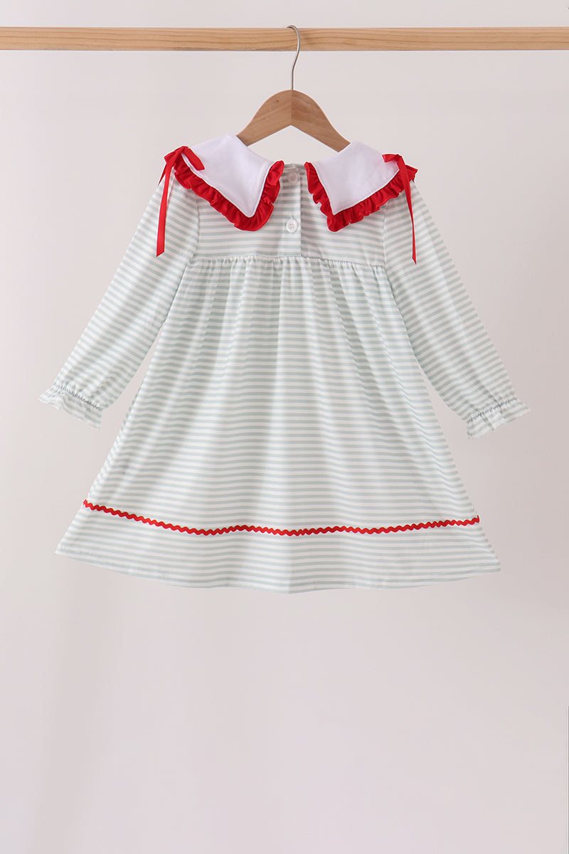 Sage Goose Embroidery Gingham Ruffle Stripe Dress