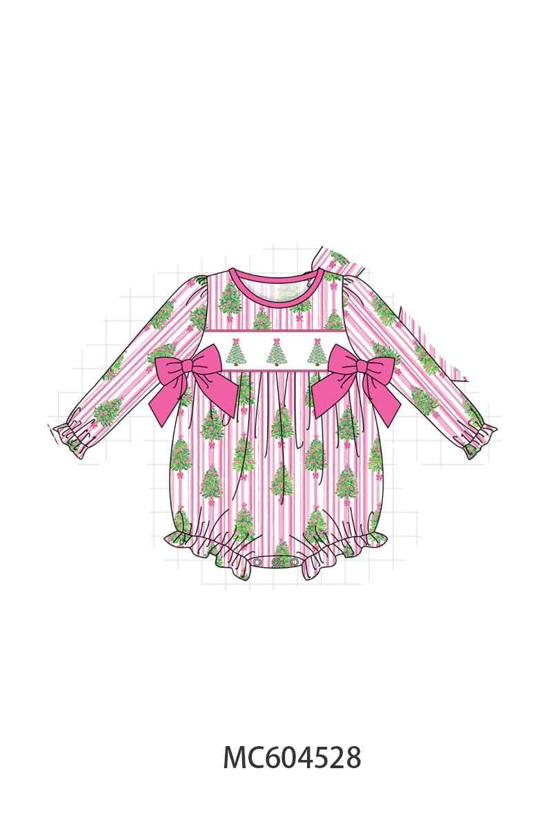 Pink Christmas Tree Embroidery Stripe Bow Bubble