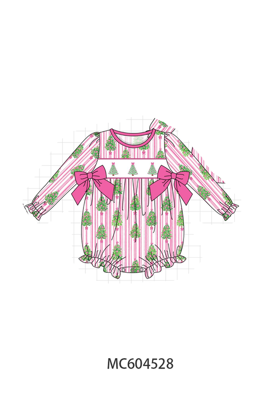 Pink Christmas Tree Embroidery Stripe Bow Bubble