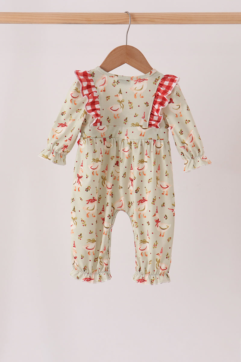Goose Embroidery Ruffle Bow Romper